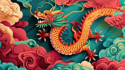 Cloud and wave papercut motifs with chinese dragon, paper cut wallpaper of chinese dragon
