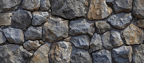A detailed view of a stone wall constructed with large rock pieces as a building material, showcasing a patterned composite of cobblestones and bedrock.