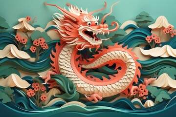 Obraz premium Wave and cloud paper cut ornaments with chinese dragon, papercut art of chinese dragon wallpaper