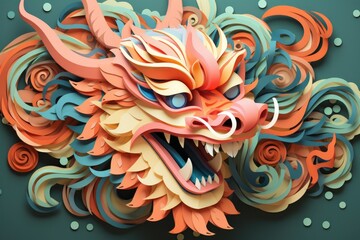 Fototapeta na wymiar Cloud and wave paper cut design with chinese dragon, paper cut art of chinese dragon wallpaper