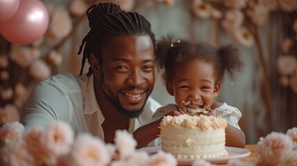 Dad and her little kid smiling, eating a creamy cake, funny moment afternoon spring time, wearing casual, sit down, front view, exterior, flowers ballon background, Dad's day, birthday celebration - obrazy, fototapety, plakaty