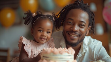 Little kid and dad smiling, eating a cake, strawberry cream, afternoon spring time, wearing casual, sit down, front view, interior, ballon background, birthday celebration, Dad's day - obrazy, fototapety, plakaty
