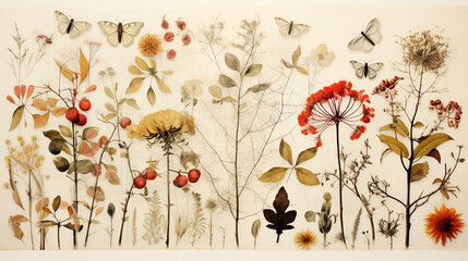 A floristic composition of dried flowers for hand made and scrapbooking. Romantic floral design of postcard paper