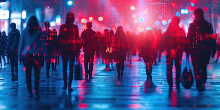 Grupo de personas caminando, exterior, nocturno, colores azules y rosas intensos, fucsia, morados, luces de fondo, difuminado, caracteres flotando AI la tecnolog&iacute;a que rige los negocios hoy d&iacute;a, datos