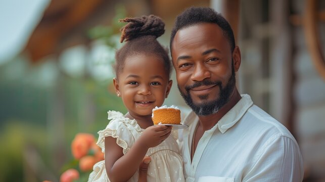 Little kid showing a cupcake, his father is caring her, spring time, wearing casual, stand up, front view, exterior, garden background, celebration day, happy moment