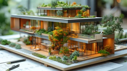 Tuinposter Sustainable building architecture model with blueprints, energy efficiency chart and blueprint © PT
