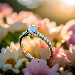 Elegant diamond engagement ring surrounded by delicate flowers