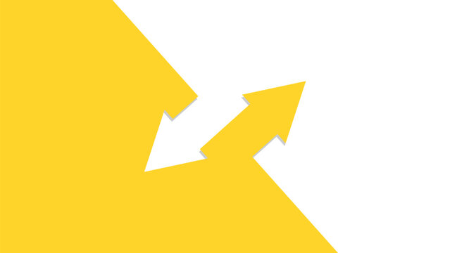 Two arrows pointing in opposite directions diagonally. Yellow and white background.	