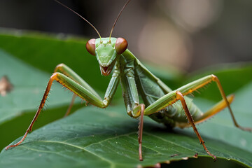 A close-up of a praying mantis perched on a leaf with its front limbs extended, observing the camera.