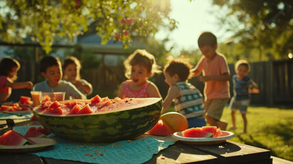 Summer picnic. Juicy watermelon on the table.