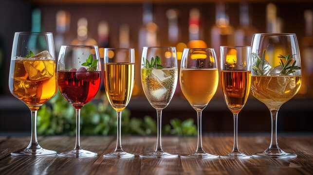 Images of a variety of alcoholic beverages - beer, martini, champagne, wine, juice, scotch, whiskey.