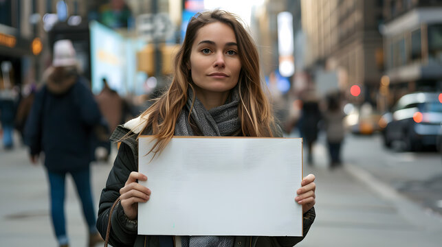 Beauty woman holding showing blank white empty paper board frame billboard sign on street for message ad advertising with copy space for text, protest protesting concept