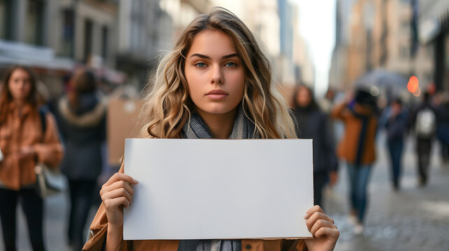 Beauty woman holding showing blank white empty paper board frame billboard sign on street for message ad advertising with copy space for text, protest protesting concept