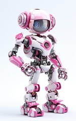 Cute pink robot full body illustration isolated on a white background