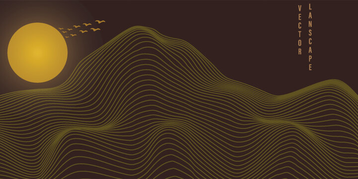 Vector abstract art landscape mountain with birds and sunrise sunset by golden line art texture isolated on dark grey black background.