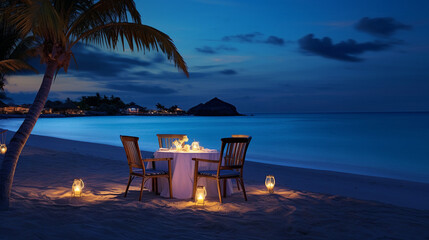 Romantic dinner setup on beach during twilight