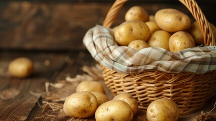 Basket Filled With Potatoes on a Wooden Table