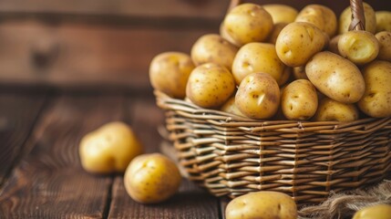 Basket Filled With Yellow Potatoes on a Wooden Table
