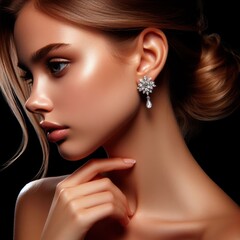 Obraz premium A beautiful Indian girl model side profile showing a gorgeous diamond earring for advertising purposes 
