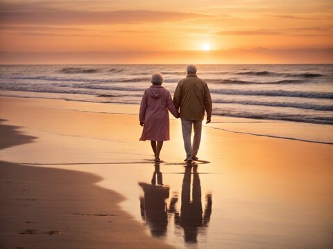 Senior couple walking along a beach in the sunset. Concept of retirement, insurance policy or travel company or seniors living or senior citizens day - Powered by Adobe