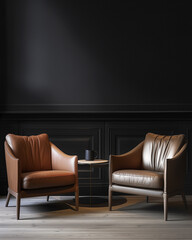 Two leather lounge chairs in a dark living room