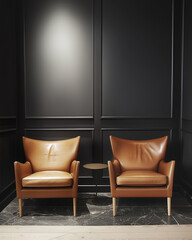 Two leather lounge chairs in a dark living room