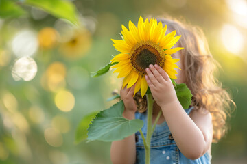 Little girl hiding her face behind sunflower while standing in summer sunflowers field