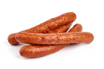 Long thin smoked sausages, isolated on white background.
