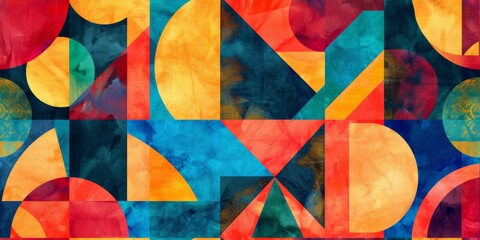 Fototapeta premium Abstract geometric seamless pattern with vibrant watercolor textures, creative wallpaper.