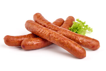 Smoked sausages, isolated on white background. High resolution image.