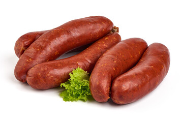 Smoked german sausages, isolated on white background.