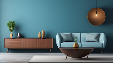 Modern Living Room Interior with Elegant Blue Sofa and Stylish Decor