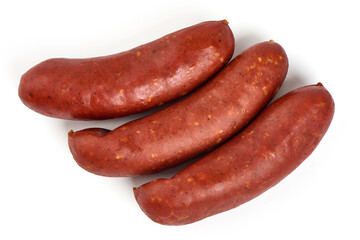 Smoked german sausages, isolated on white background.
