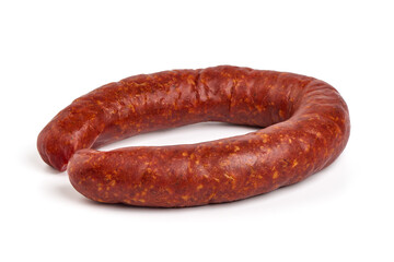 Smoked pork sausage ring, isolated on white background. High resolution image.