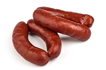 Smoked pork sausages, isolated on white background.