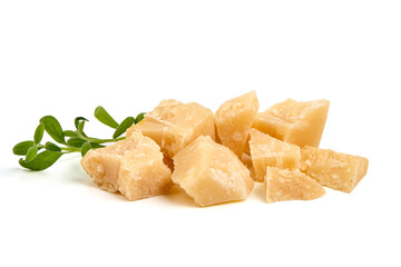 Parmesan cheese chunks, hard cheese, isolated on white background.