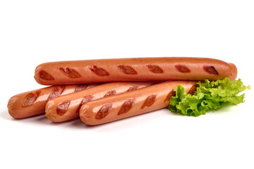 Barbecued pork sausages, close-up, isolated on white background.