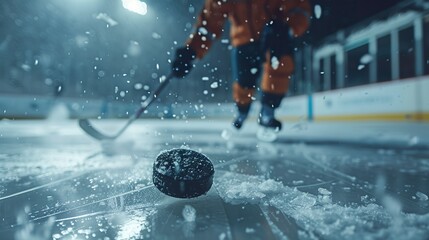 A close-up of the hockey puck with a blurred player in the background ready to get involved in the action. Close-up of the vibrant energy of the hockey match conveyed in the competitiveness of the spo