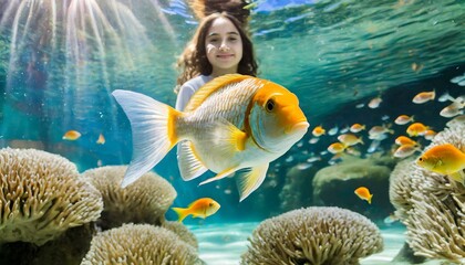 Rare portrait of a girl under the sea with colorful fish