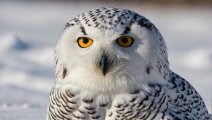A close-up of a snowy owl perched on the ground with its front talons on the earth, looking at the camera.