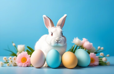 Naklejka na ściany i meble A small white fluffy rabbit sits near colorful Easter eggs and flowers on a blue background