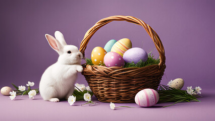 An Easter white rabbit sits near a wicker basket with festive Easter eggs decorated with spring primroses, a scene on a purple background