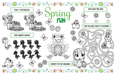 Festive placemat for children. Printable activity sheet "Spring fun" with a labyrinth, connect the dots, and find the same. 17x11 inch printable vector file