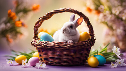 A cheerful white rabbit sits in a wicker basket next to colorful festive Easter eggs decorated with spring primroses, a scene on a purple background