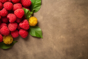 A collection of fresh raspberries with a few yellow ones on a textured background.