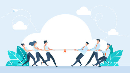 Tug of war men vs women. Businesswomen in tug of war with a group of businessmen. Men vs women superiority concept. Business competition, gender equality and equal rights. Trendy flat illustration.