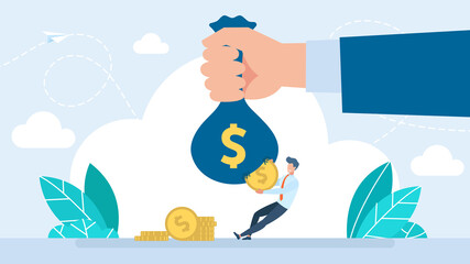 Steal money concept. Businessman hand holding money bag and losing golden coins that poured out from a hole in the bag. Criminal financial fraud. Inflation. Finance and investment. Flat illustration - obrazy, fototapety, plakaty