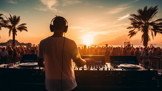 A DJ spins tracks at a beach party during sunset with palms