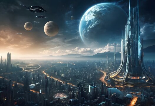Futuristic Metropolis with a Prominent Spherical Building AI Generated reveals a city of the future with high-rise structures and a distinctive sphere-shaped building among the clouds