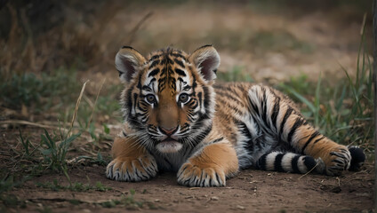 A close-up of a tiger cub lying on the ground, front legs crossed, and intently observing the camera.